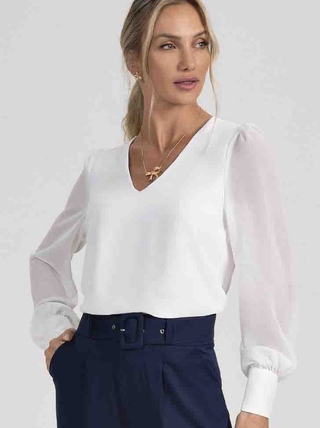 Blusa Manga Bufante em Crepe Off White Guilhermina