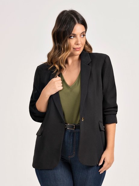 Blazer Botão Único Plus Size Preto Cilene