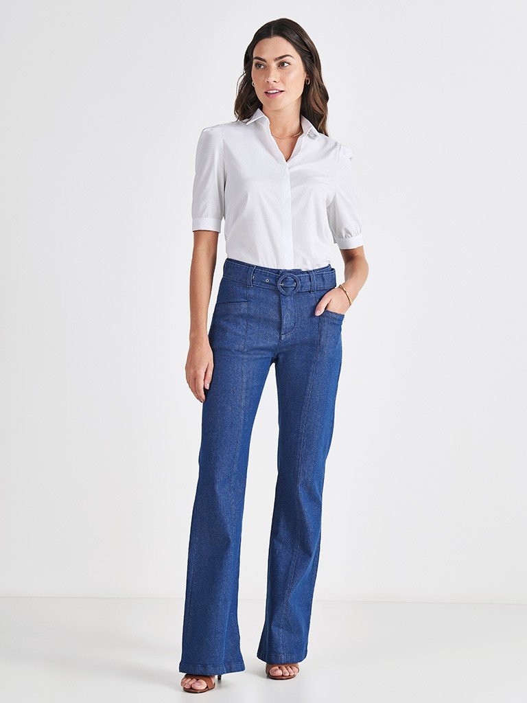 calca jeans flare cintura media cinto eudora look inteiro