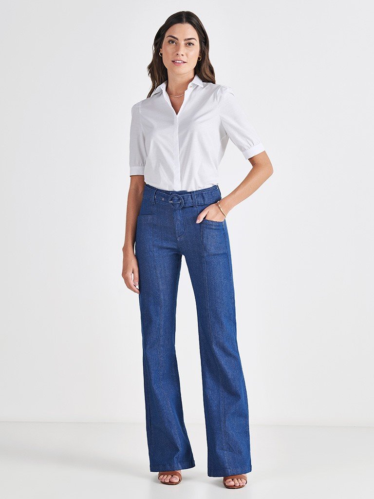calca jeans flare cintura media com cinto eudora look inteiro