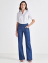 calca jeans flare cintura media com cinto eudora look inteiro