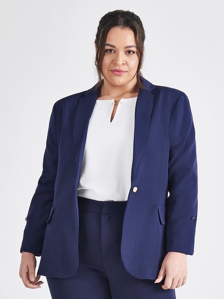 Blazer de Alfaiataria com Martingale Plus Size Marinho Tifani