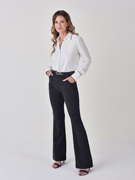 camisa feminina com filete preto gelasia look inteiro