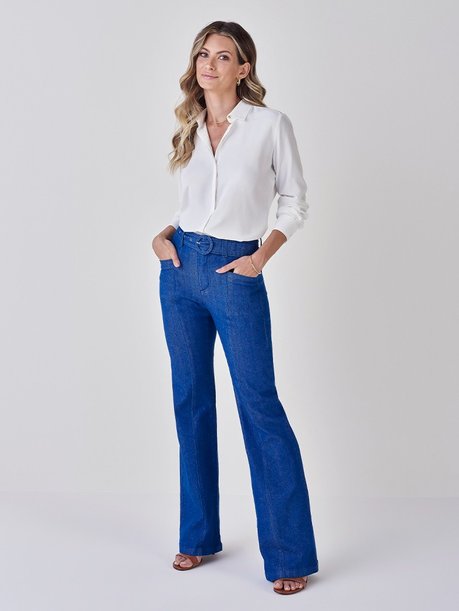 camisa social feminina off white botao dourado helena look inteiro