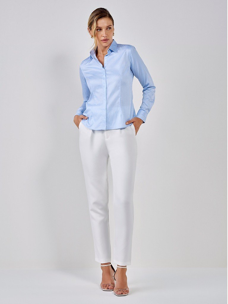 camisa feminina listrada azul branca joice look frente inteiro