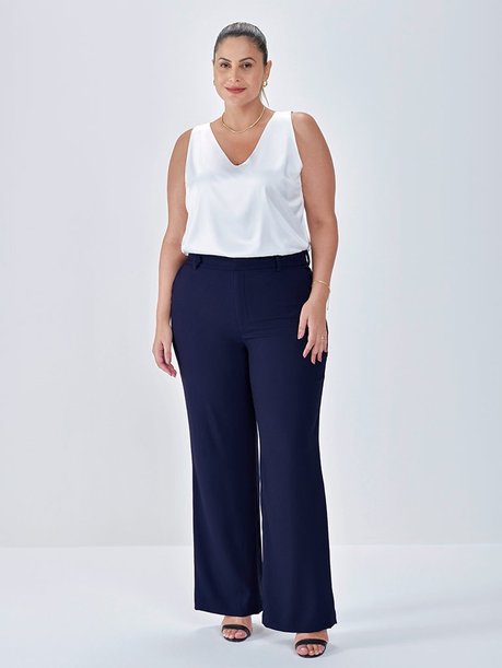 Calça Wide Leg com Filetes Plus Size Marinho Raíze