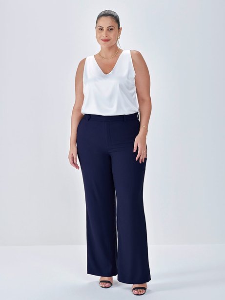 Calça Wide Leg com Filetes Plus Size Marinho Raíze