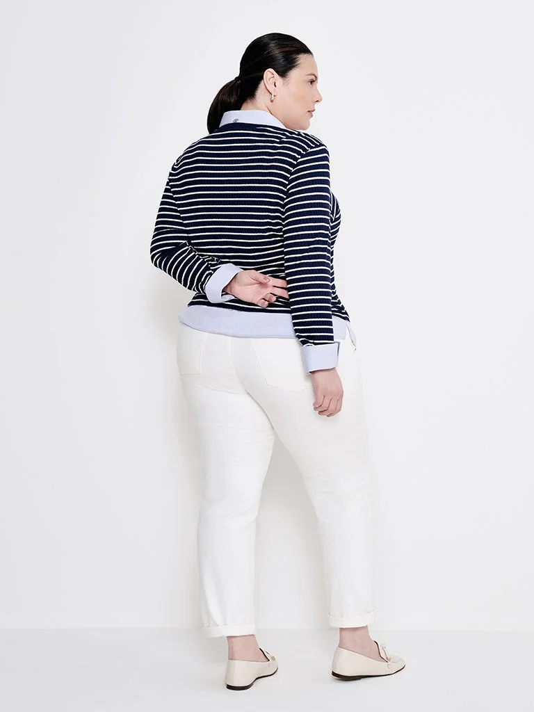 camisa sueter listrado preta e branco plus benicia costas