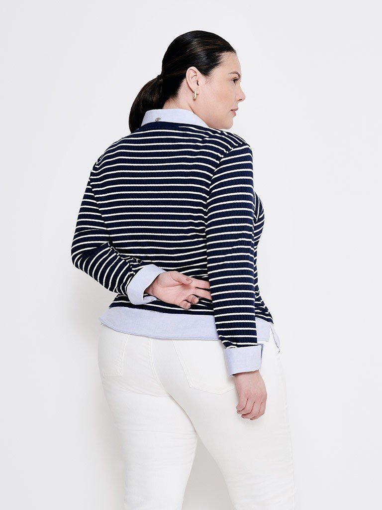 camisa sueter listrado preta e branco plus benicia costas capa