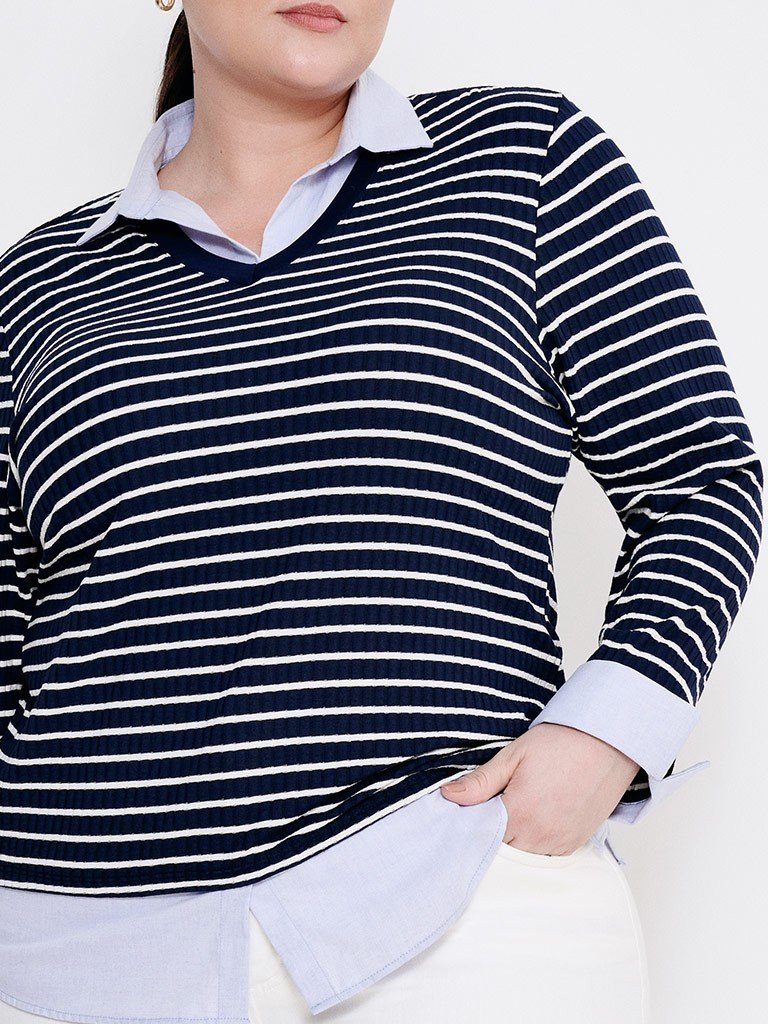 camisa sueter listrado preta e branco plus benicia detalhes