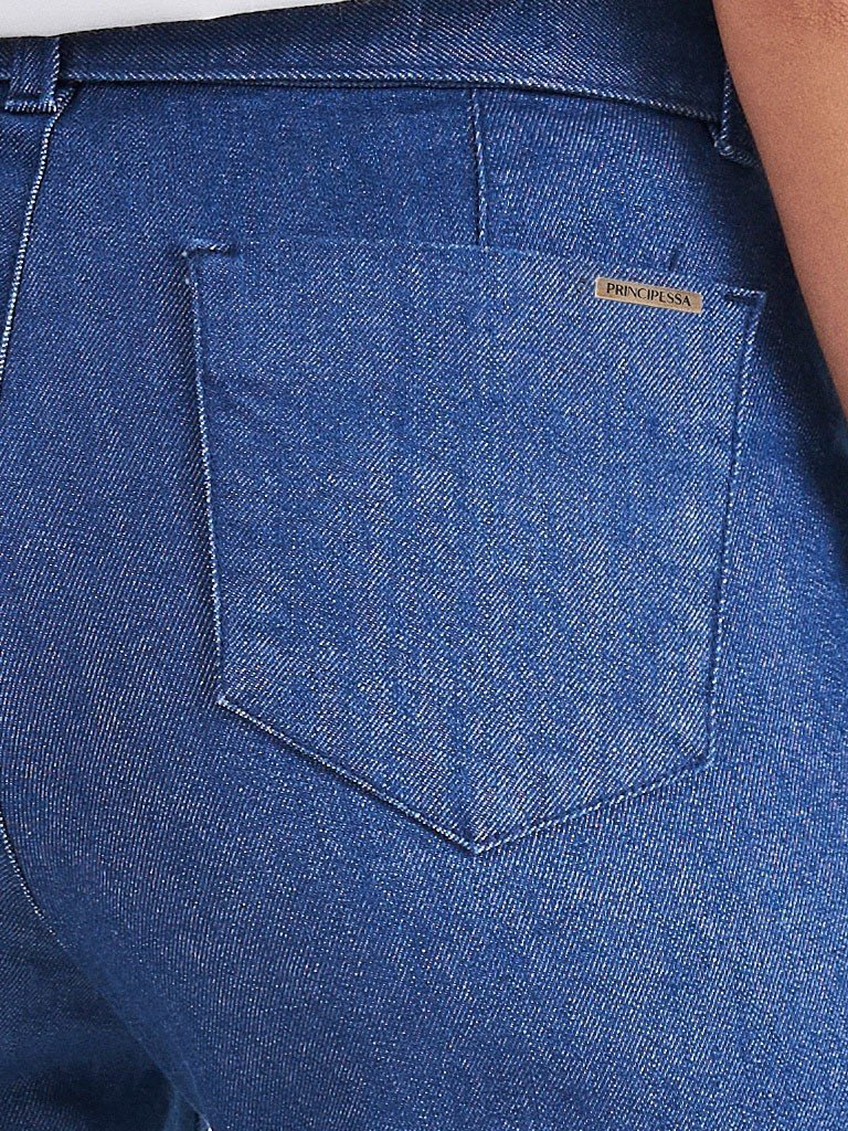 calca jeans flare cintura media com cinto eudora costas vitrine placa