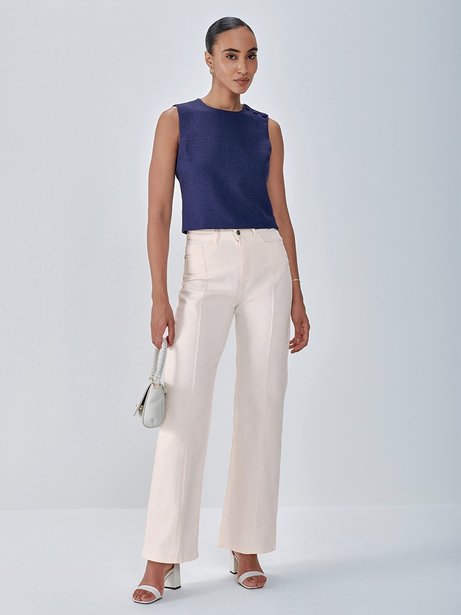 Calça Wide Leg de Sarja com Nervura Ilara