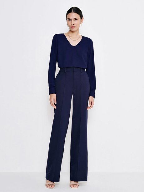Calça Wide Leg de Alfaiataria com Nervura Marinho Cleonice