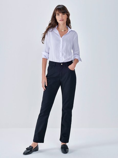 Calça Reta de Sarja Preta Oana