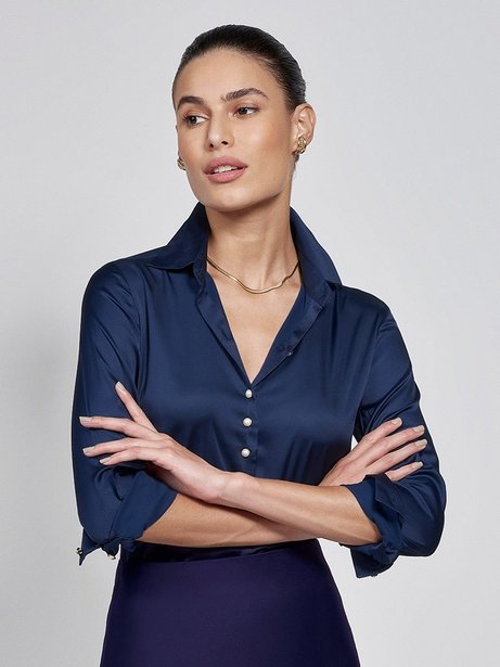 Camisa Azul Marinho Feminina de Cetim Jussara