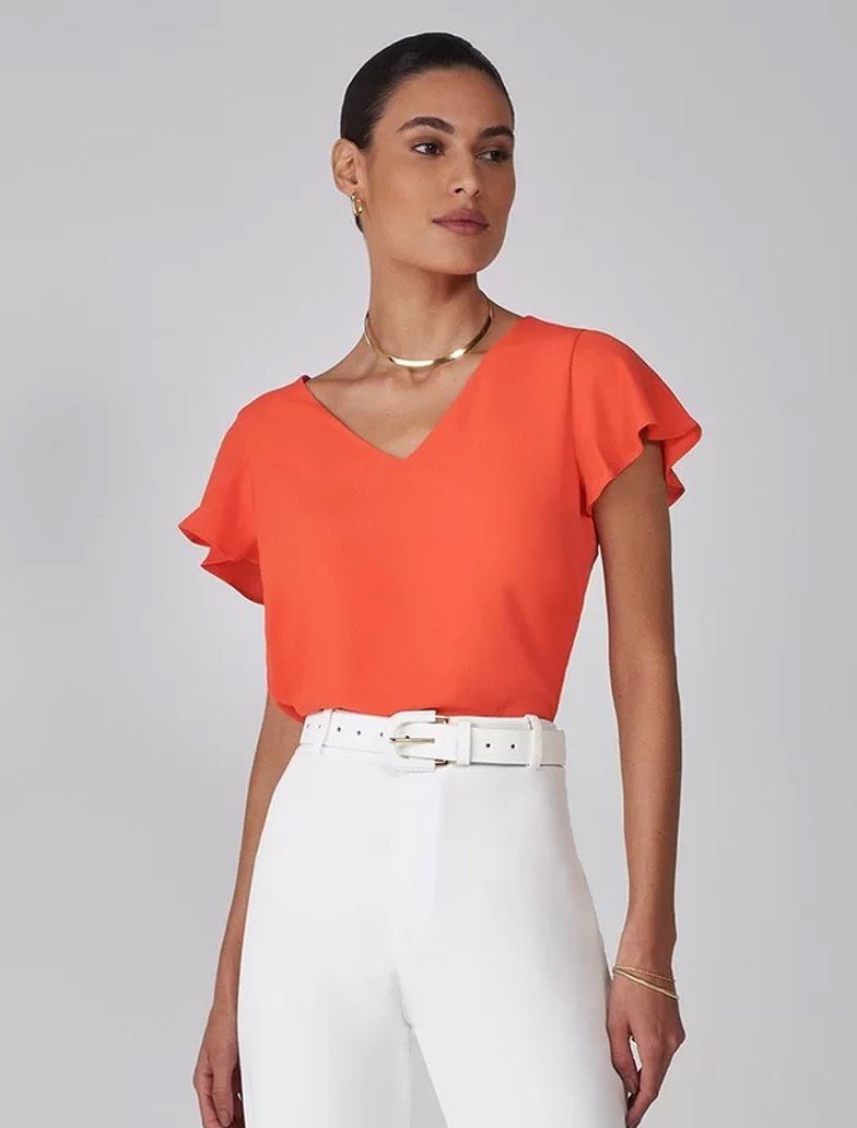 blusa com decote v com manga evase laranja