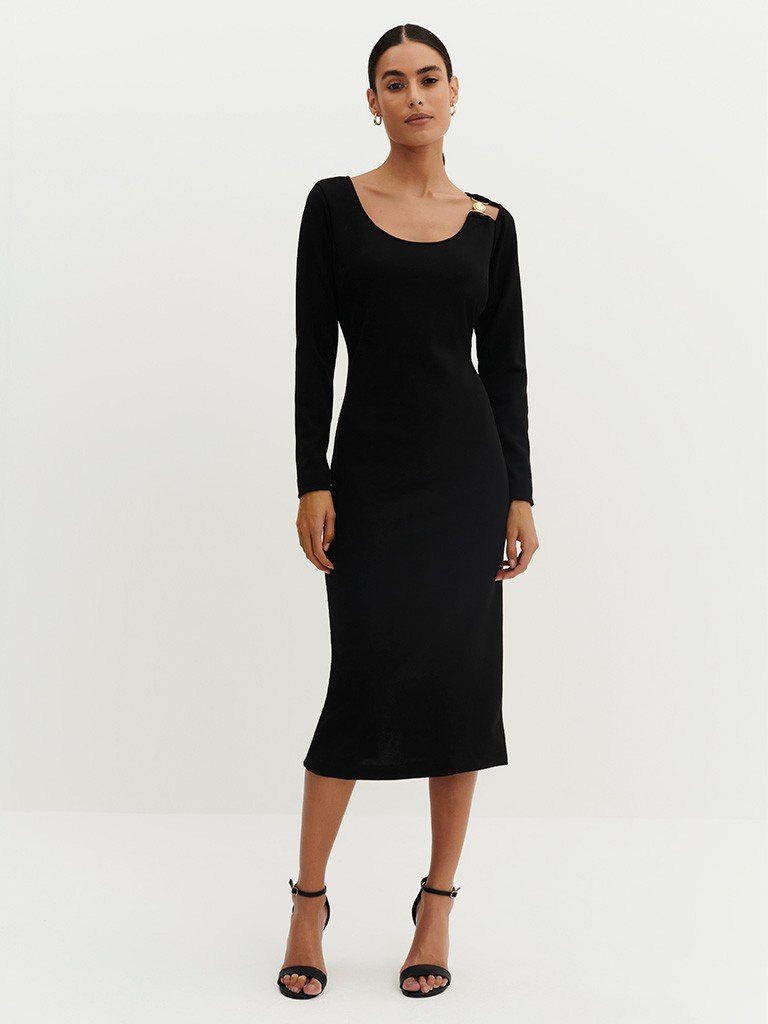 Vestido Tubinho de Malha Preto Midi Manga Longa Gilda