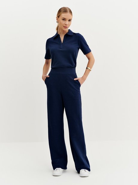 Calça Wide Leg em Malha Texturizada Marinho Kassia