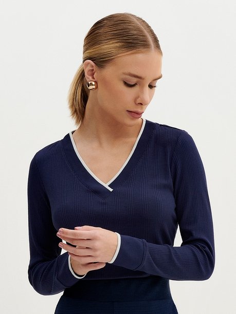 Blusa Manga Longa em Malha Canelada Marinho Lenir