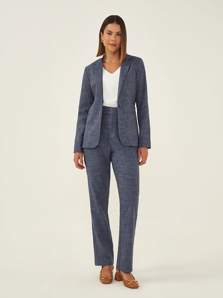 Calça Reta Regular de Alfaiataria em Algodão Marinho Nazira