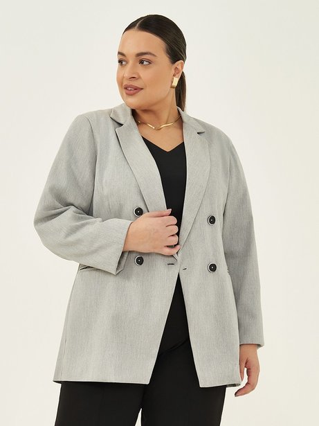 Blazer Intermediário Transpassado de Alfaiataria Cinza Melange Ravena