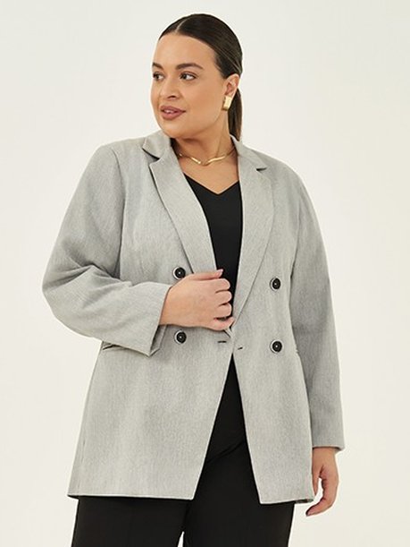 Blazer Intermediário Transpassado de Alfaiataria Cinza Melange Ravena