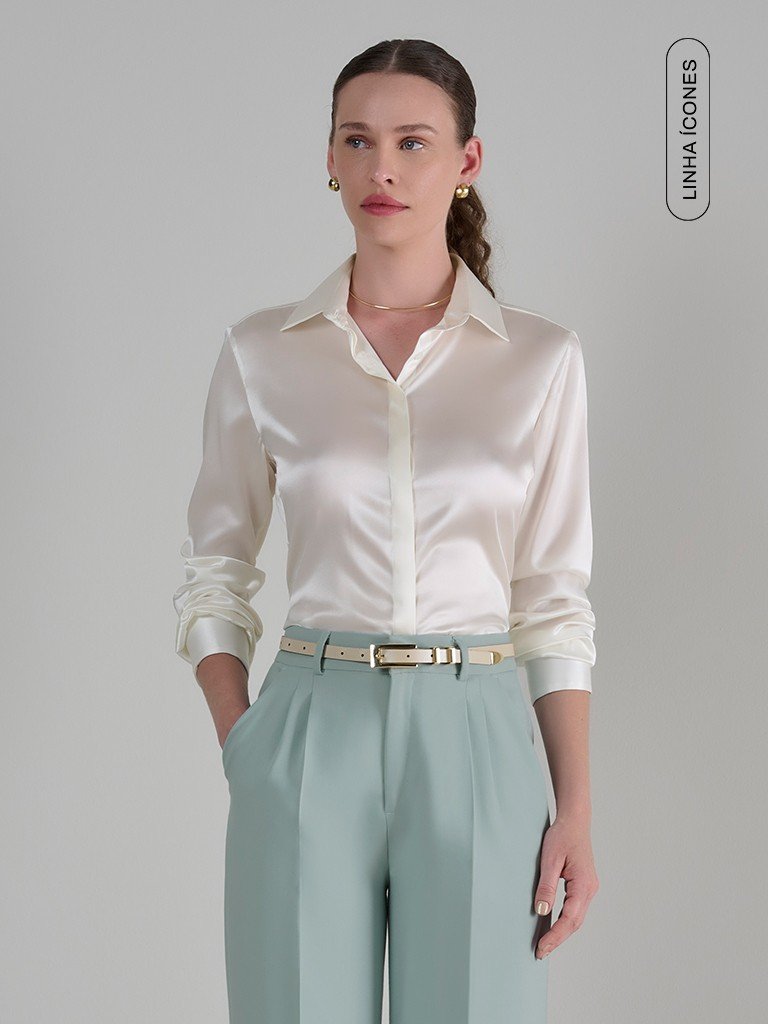 Camisa de Seda Off White Boto Cristal Swarovski Fiorela tag
