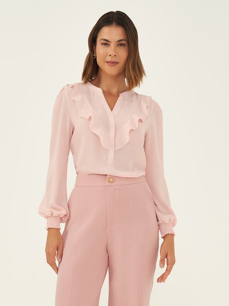 Blusa Manga longa de Crepe com babado rosa pastel Samily