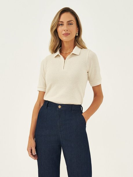 Blusa Polo em Malha Texturizada Aveia Talira