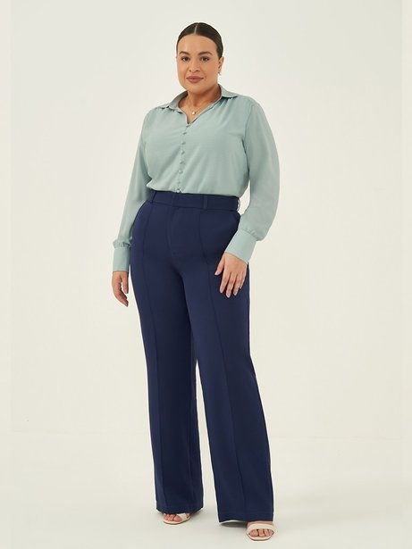 Calça Wide Leg de Alfaiataria com Nervura Plus Size Marinho Cleonice