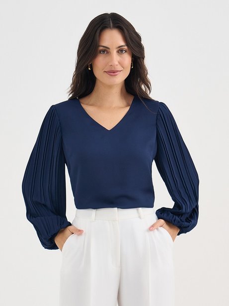 Blusa Manga Longa em Crepe Marinho Amaya