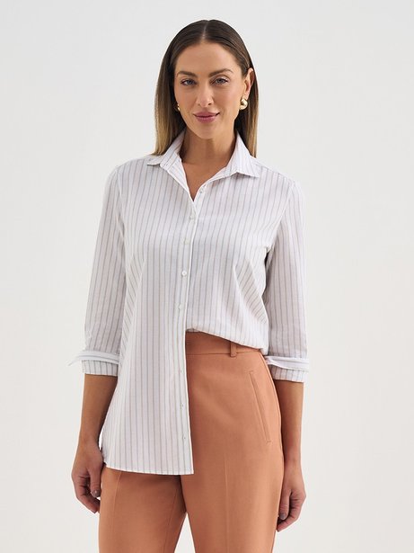 Camisa Comfy de Algodão Fio Tinto Listrada Off e Bege Belmira