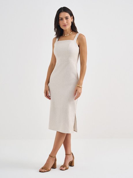 Vestido Tubinho Midi com Alças de Linho Natural Berenice