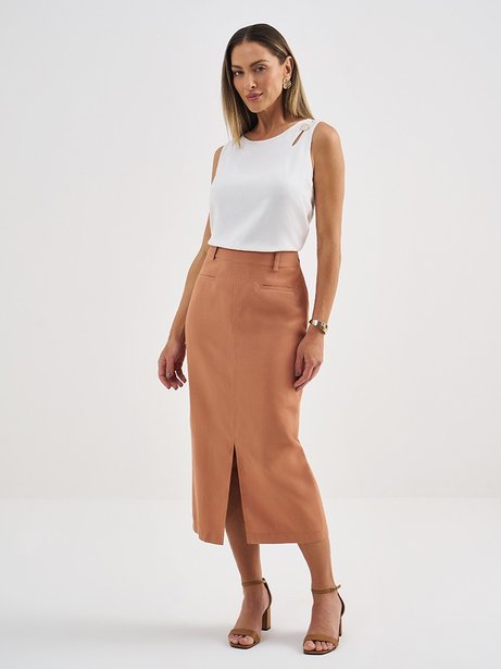 Saia Longuete de Alfaiataria Camel Cleidiane