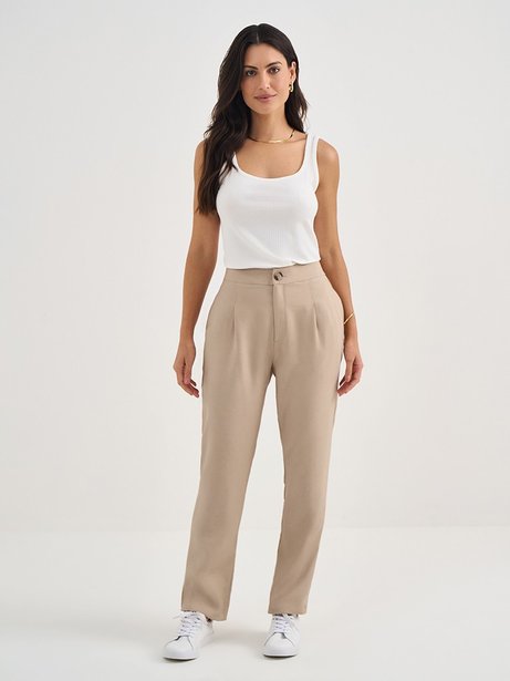 Calça Reta Regular de Alfaiataria de Viscose Bege Dalmira