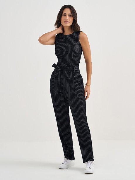 Calça Reta Regular de malha Risca de giz preto /branco Dany