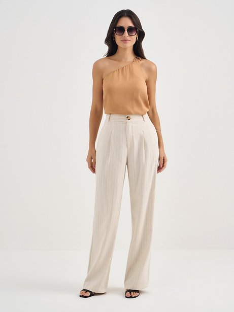 Calça Wide Leg Risca de Giz Off White Elizandra 