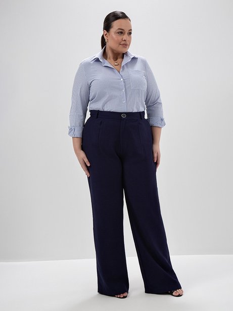 Calça Wide Leg de Alfaiataria Plus Size Marinho Giuly