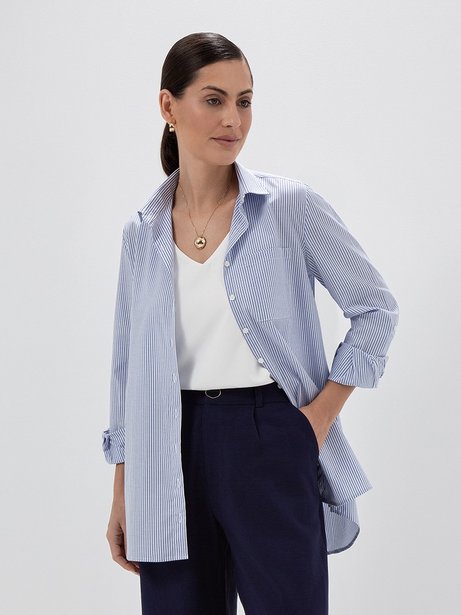 Camisa Alongada Listrada Azul com Bolso Selena