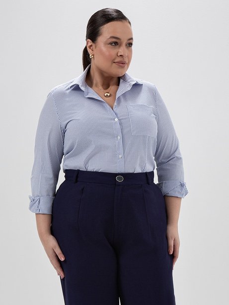 Camisa Oversized Listrada Plus Size Azul e Off White Selena