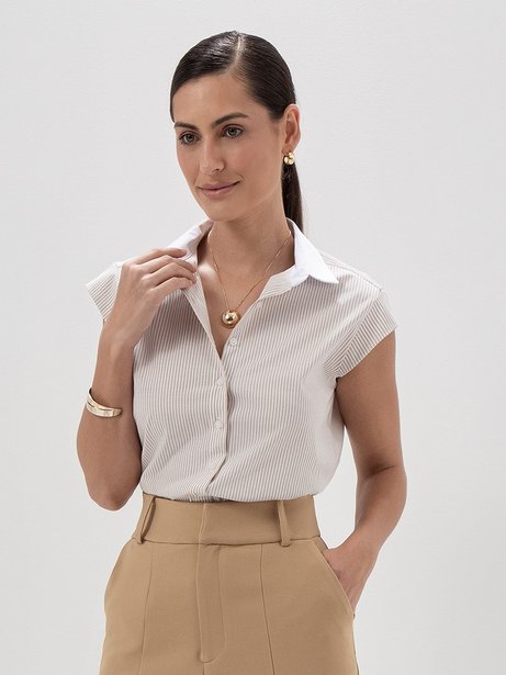 Camisa Manga Copinho de Algodão Fio Tinto Listrada Off e Bege Gabriele