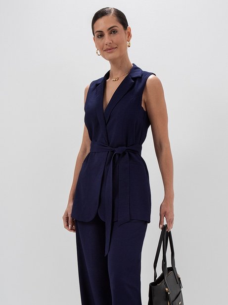 Colete Alongado com Cinto Faixa Azul Marinho Iasmine