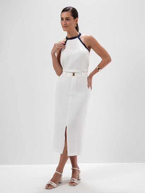 Saia longuete de alfaiataria em viscose off white Janaina