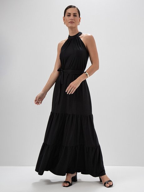 Vestido Longo em Malha Texturizada Preto Maria