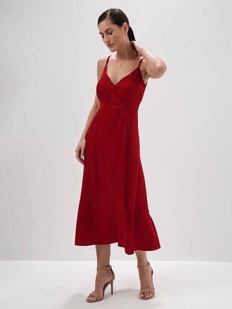 Vestido Longuete de Alças em Jacquard Vermelho Marlete