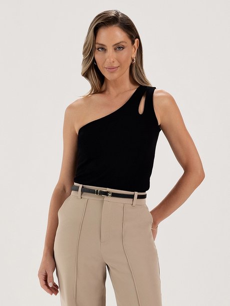 Blusa Ombro Só em Malha Canelada Preta Domitila