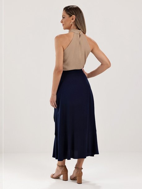 Blusa Cava Americana de Gola Alta com Pregas Mocha Mousse Melina