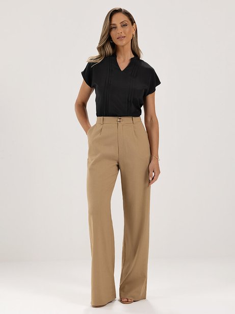 Calça Wide Leg de Linho Camel Naiane