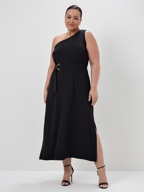 Vestido Maxi Longuete de Alfaiataria Texturizada Plus Size Preto Rosicler
