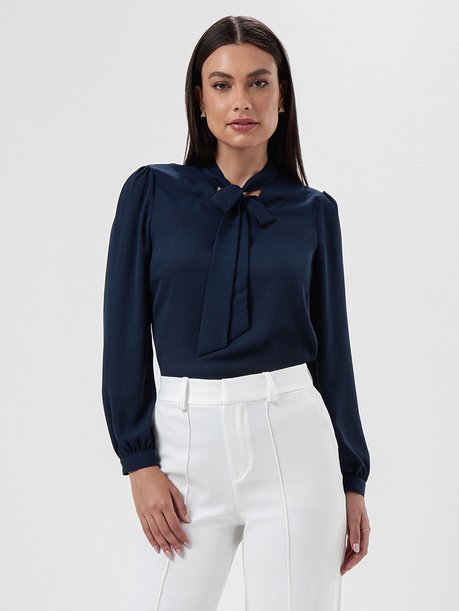 Blusa Manga Longa Gola Laço Marinho Sandra